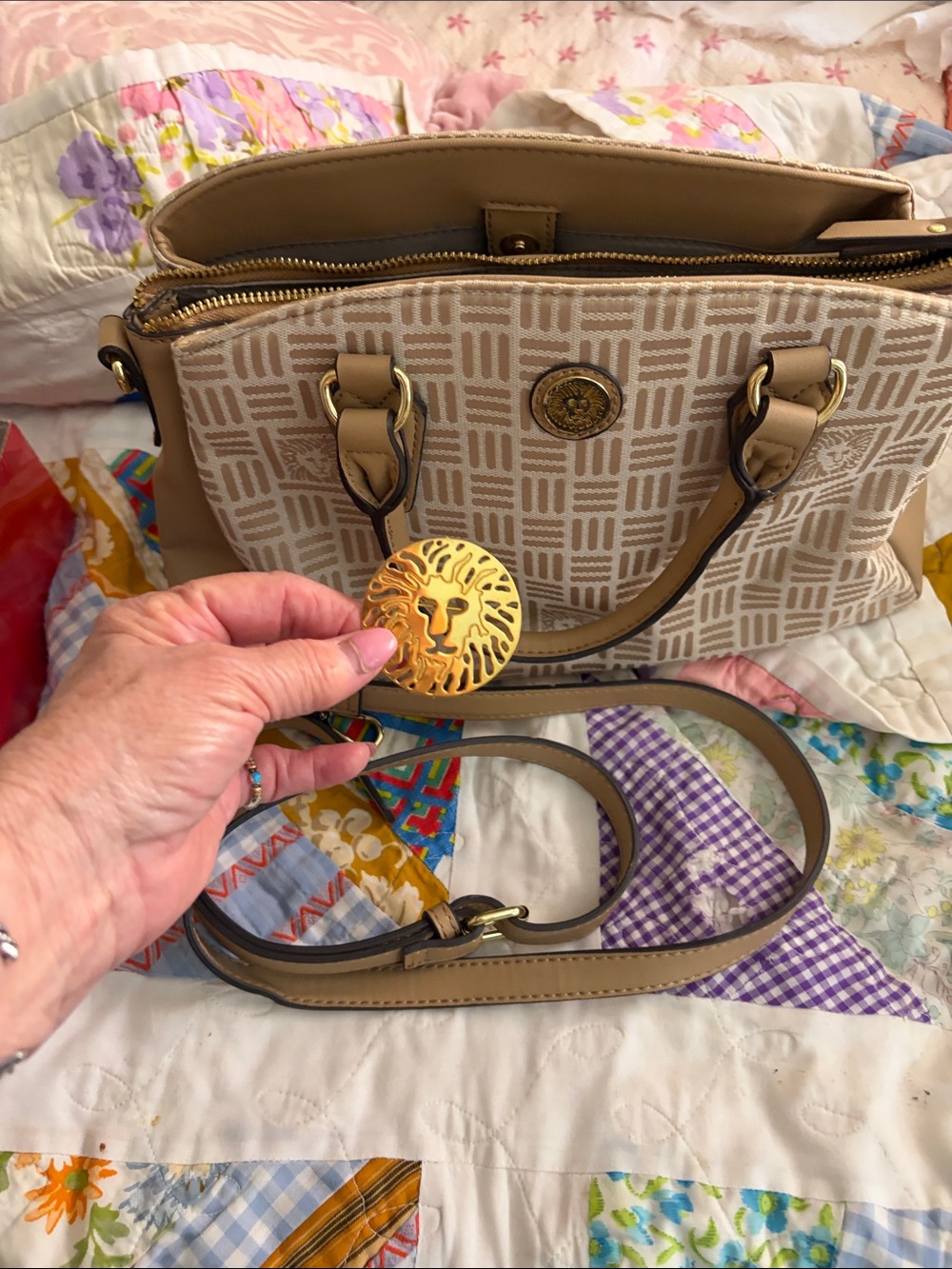Beige Patterned Tote Bag with Gold Lion Medallion